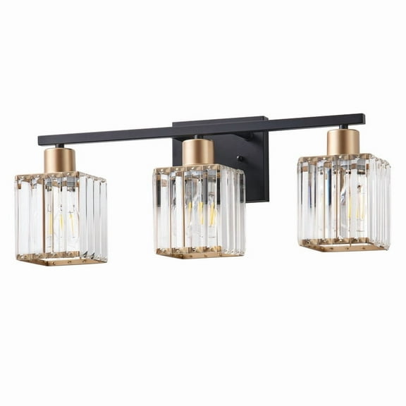 Aiwen 3-Light Vanity Lights, Crystal Glass Shades with Gold Accents, Modern Black Finish Light Fixture for Living Room, Bathroom & Hallway