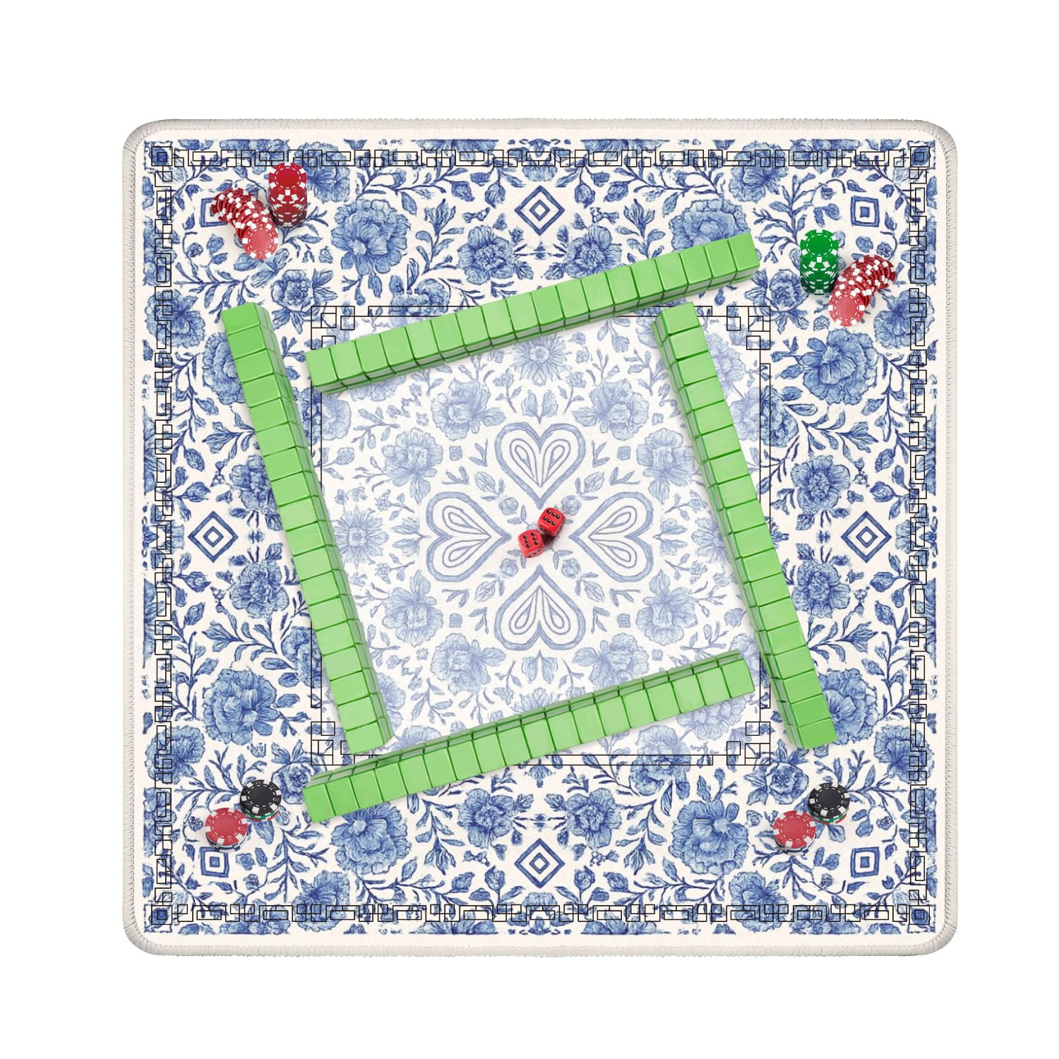 Mahjong Mat 31.5" x 31.5" Blue Floral Vintage Ornamental Heart Motif Anti-Slip and Noise Reduction Symmetry Design Mahjong Tiles Table Cover for Dominoes Poker Card Board and Tile Games