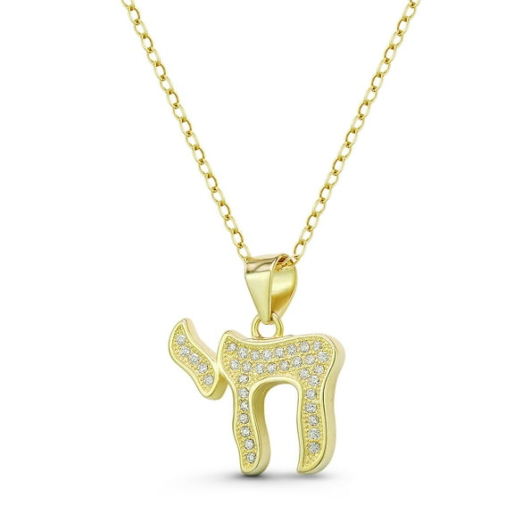 "Chai" Symbol Cubic Zirconia CZ Crystal Pave 20x16mm (0.8x0.6in) Jewish Pendant & Chain Necklace in .925 Sterling Silver w/ 14k Yellow Gold