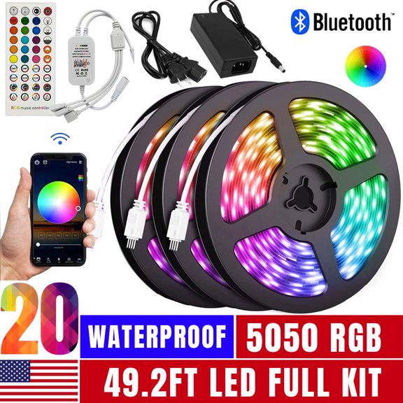 49.2ft LED Lights for Bedroom, RGB LED Strip Lights for Living Room, Party Decor with Dimmable Lighting, Bright Adjustable Colors, and 8 Lighting Modes, Adhesive Backing