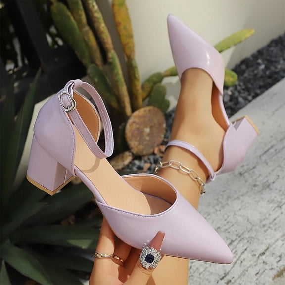 Samdudou Womens Pumps Closed Toe Pointed Toe Low Chunky Block Heel Shoes Elegant D'Orsay Cutout Adjustable Ankle Strap Classic Office Work Footwear