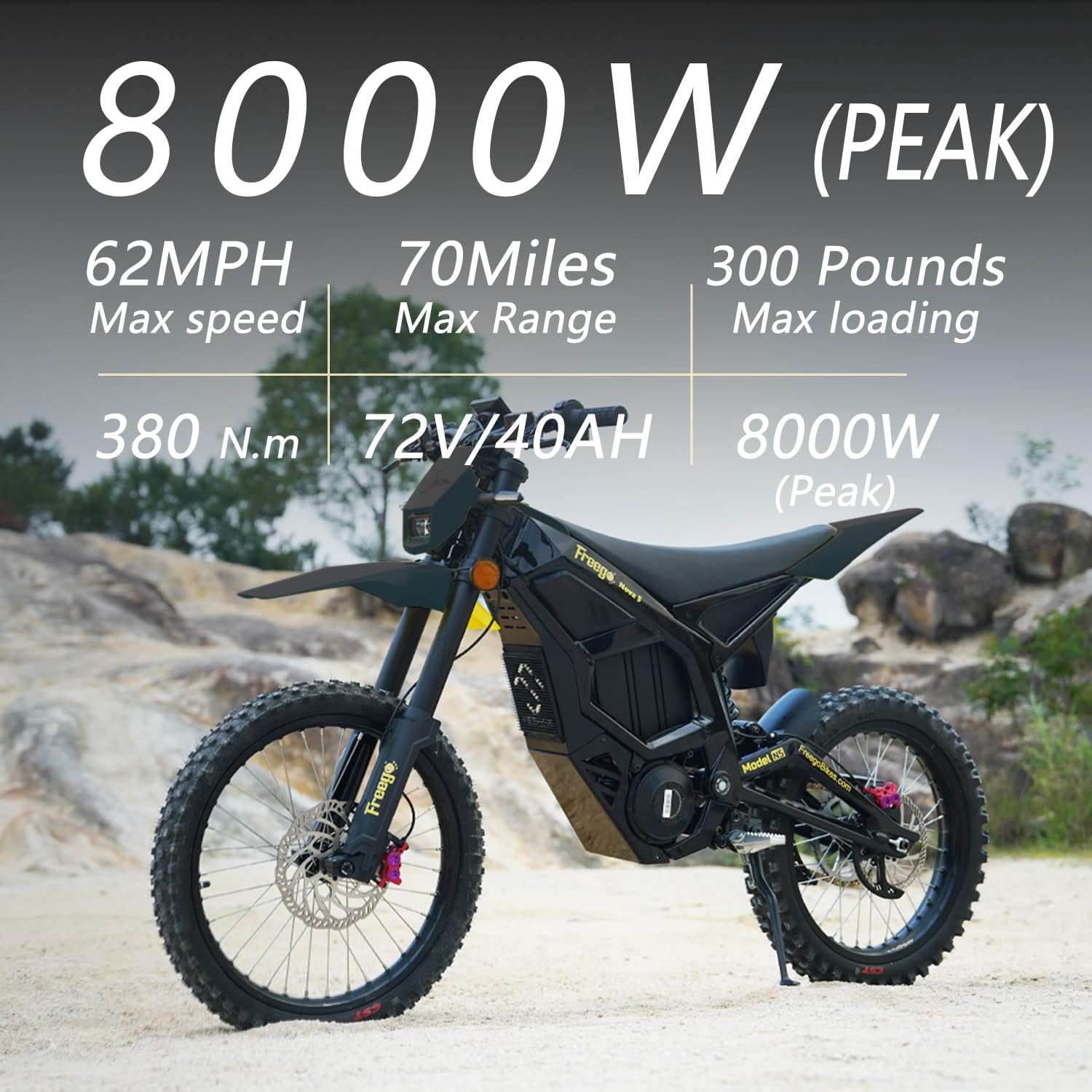 Freego Nova5 72V/40Ah Electric Bicycle for Adults - 8000W Peak Mid‑Drive, 53MPH, Full Suspension, 19”/18” Wheels, UL2849