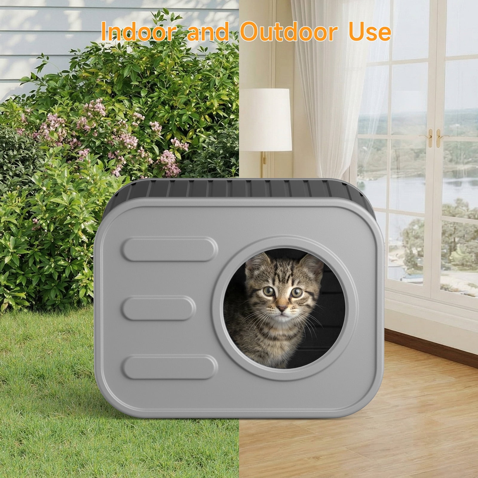 Dovov Cat House, Weatherproof Cat Shelter Camera-Shaped Cat Cage for Indoor & Outdoor Cats, Dual Ventilation Windows Cattery, Black Gray
