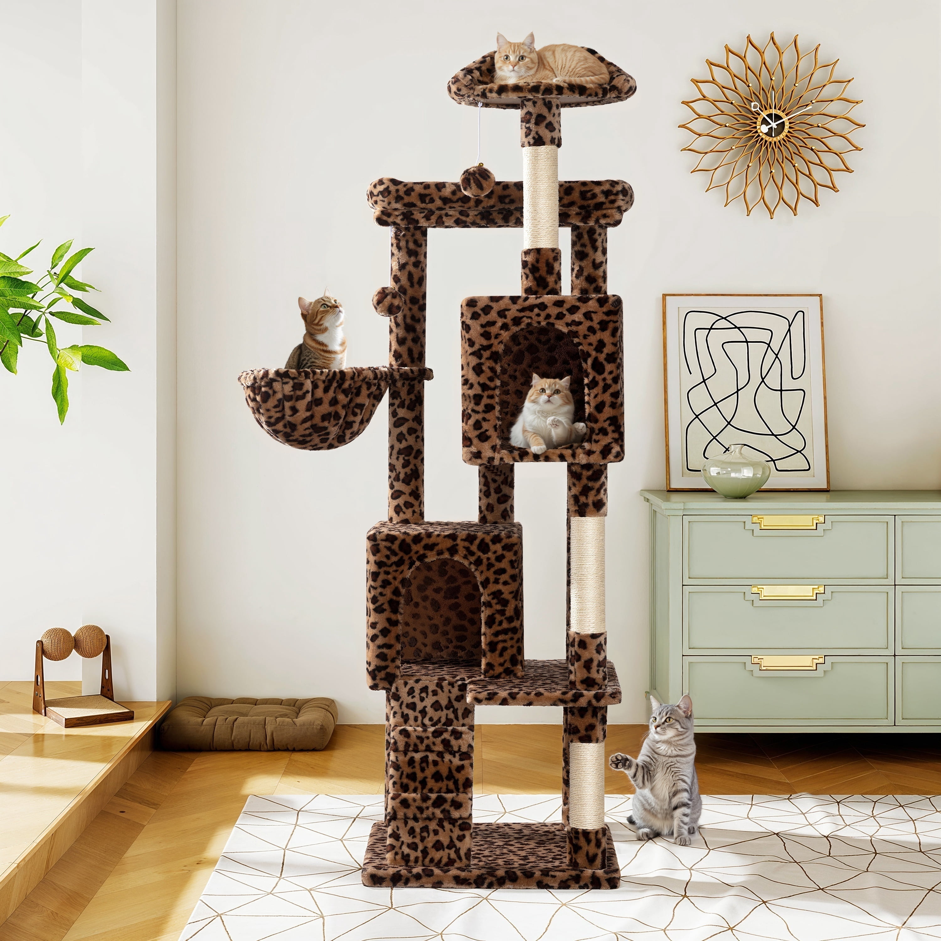 Amolife 64" Large Cat Tree and Tower with Stair, Condo House & Scratching Posts for Indoor Cats, Leopard Print