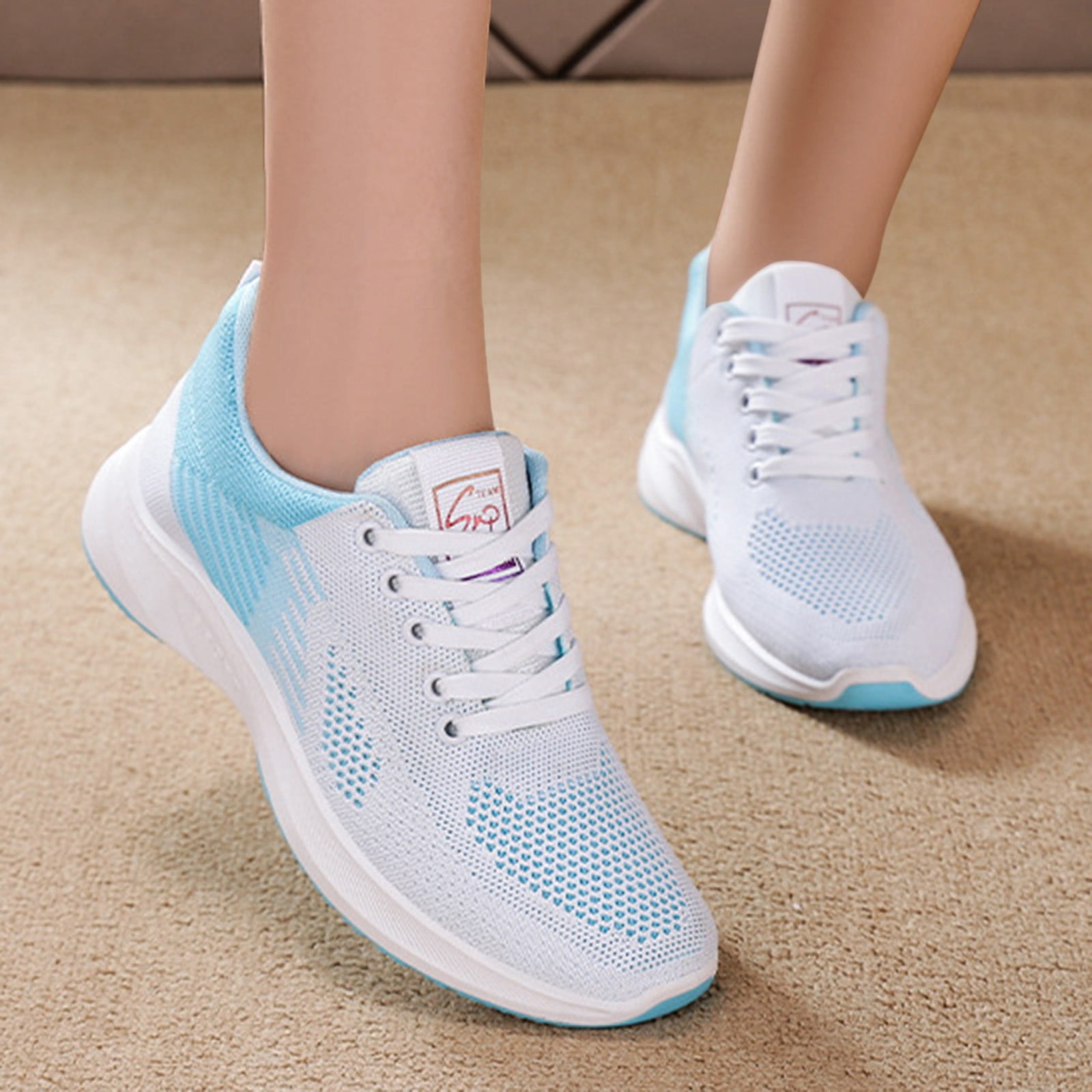 dmqupv Womens Memory Foam Sneakers Wide Width Women Breathable Lace Up Shoes Flats Rhinestone Sock Sneakers for Women Light blue 6.5