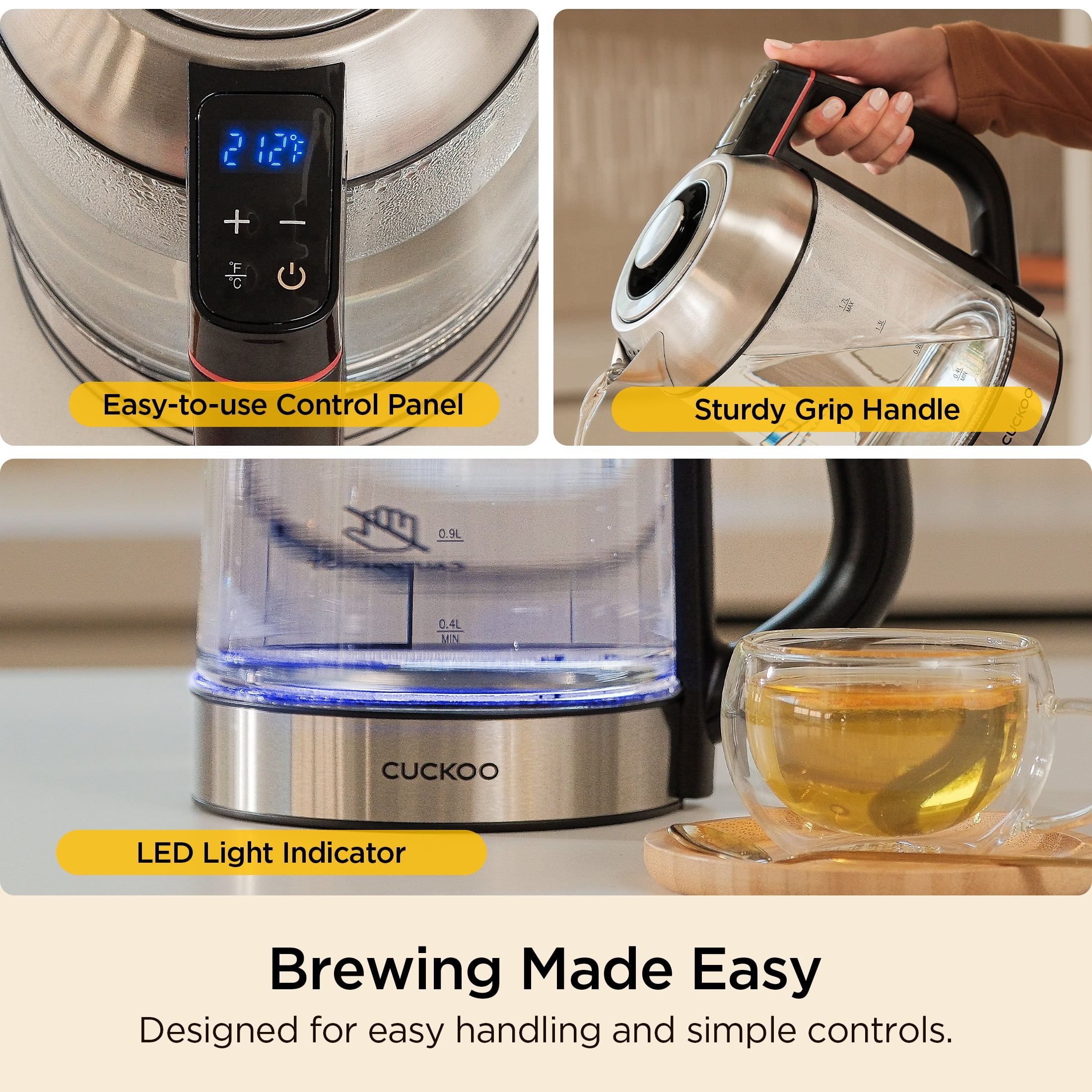 CUCKOO CK-G170BS Electric Glass Tea Kettle w/ Infuser, 7 Temperature Ranges, 1.7 L (Stainless Steel)