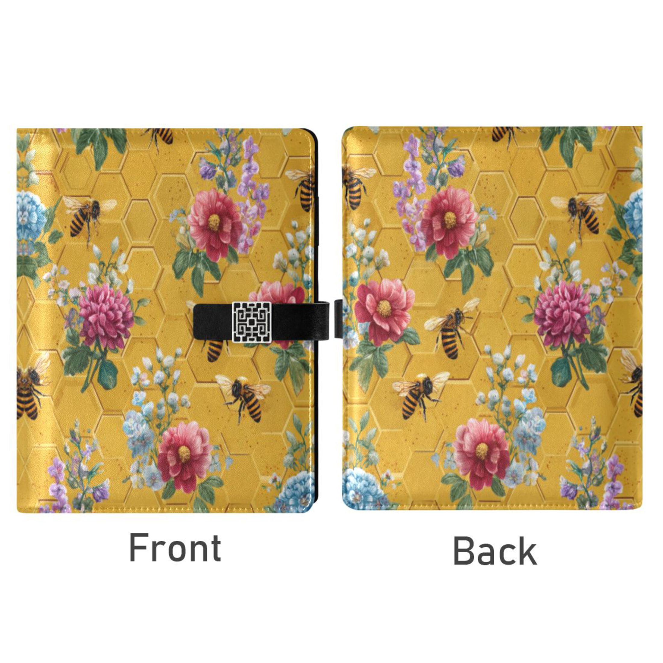 Leather Planner Leather Notebook Notebook Journal Binder Design Pen Pocket Design Convenient for Storage Honeycomb Bee Watercolor Floral
