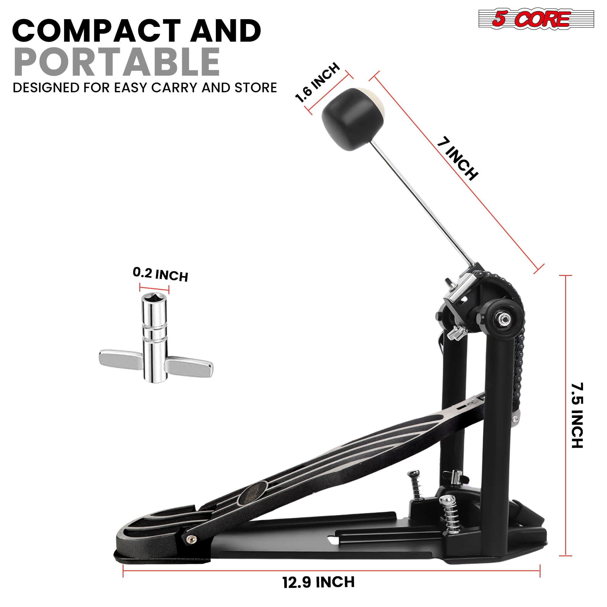 5 Core Bass Drum Pedal Mount Adjustable Felt Beater Head Single Chain Heavyduty Kick Drum Foot Pedal