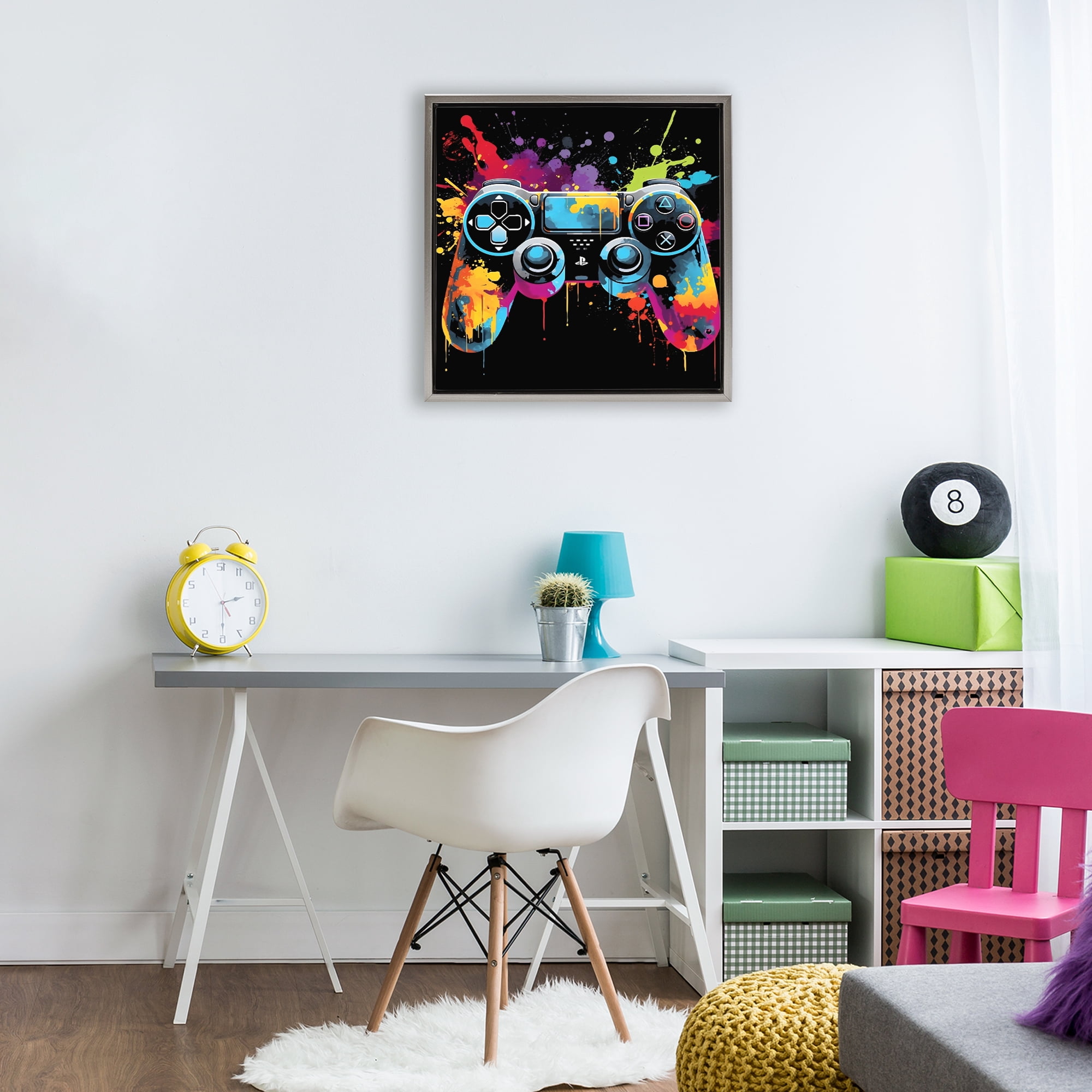 Stupell Industries Paint Splash Game Controller Gray Framed Floater Canvas Wall Art, design by Creative Studio