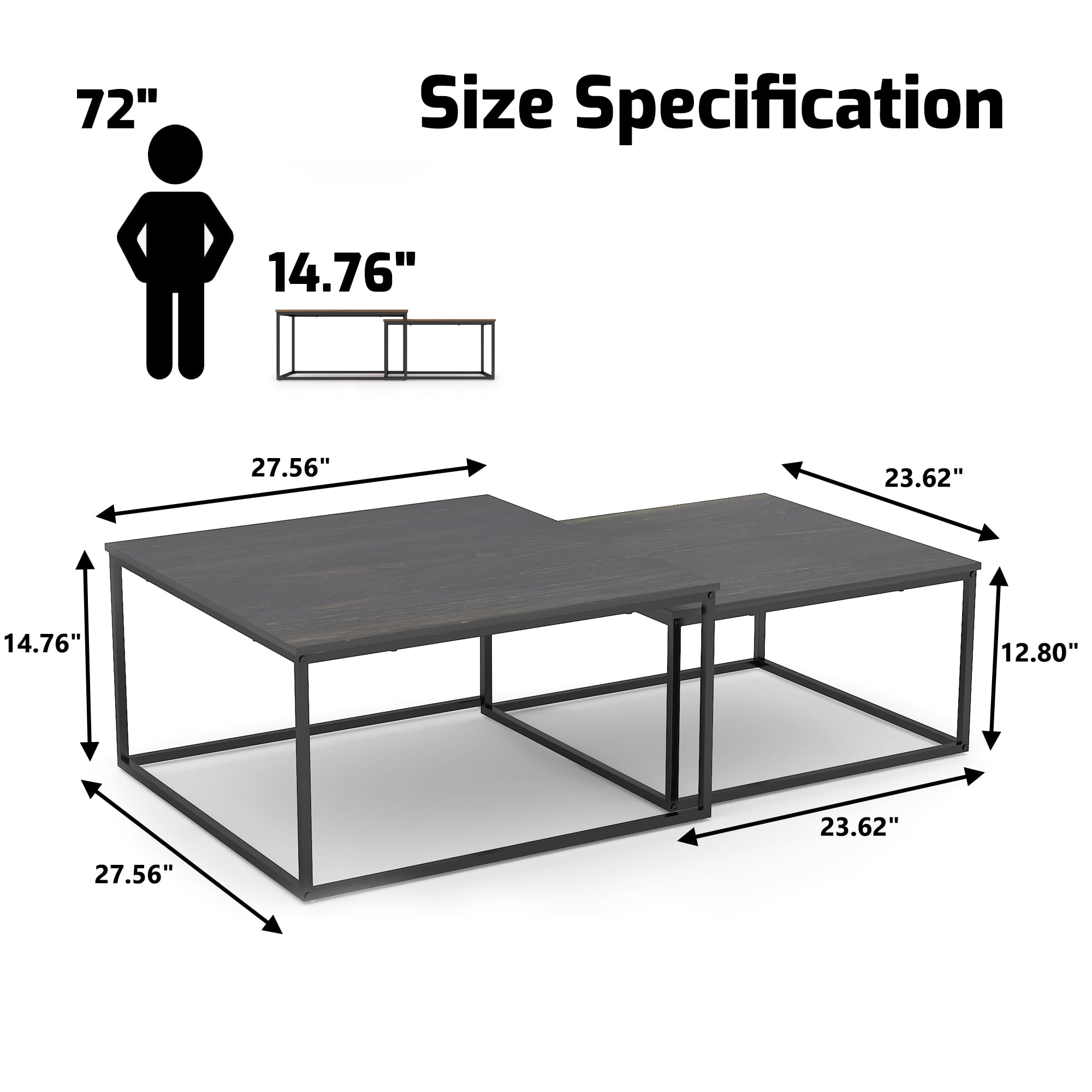 Chnnmbrn Coffee Tables, 2 Piece Set Square Nesting Table for Living Room, Black