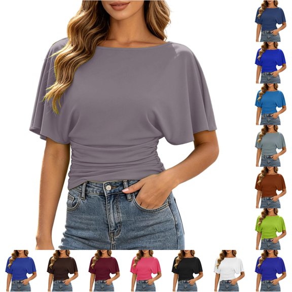RUTAYY Women's T-Shirt Elegant Solid Color Batwing Short Sleeve Crew Neck Tee Shirts Casual Everyday Wear Trendy Trip Tees