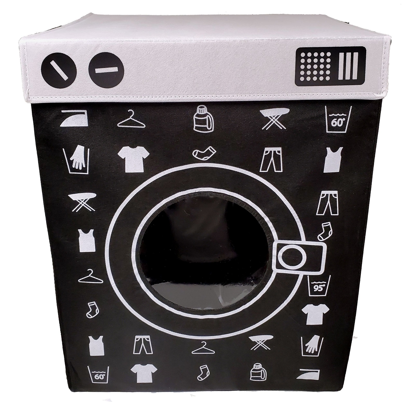 Black and White Washing Machine Laundry Hamper Basket with Velcro Lid