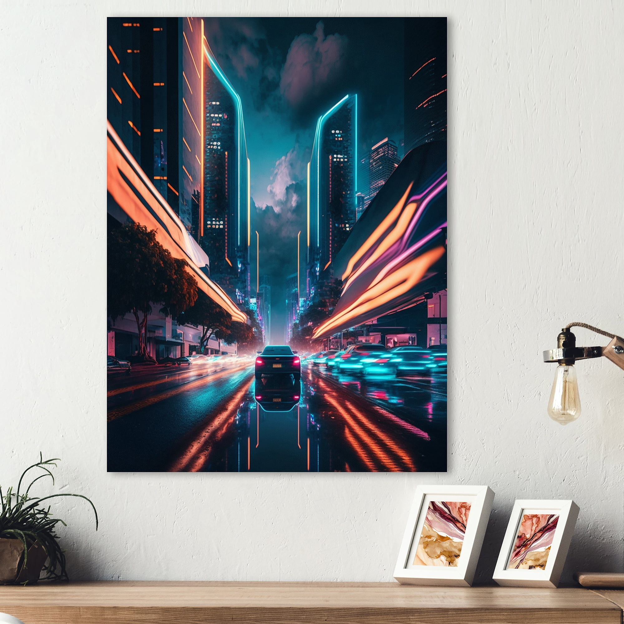 Designart Futuristic Miami Neon Art IV Canvas Wall Art