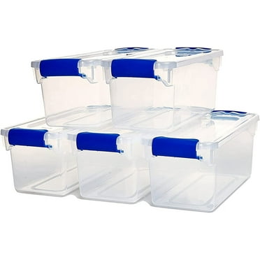 5 Pack Small Clear Plastic Storage Bins with Latching Lids, 7.5 Quart, Blue