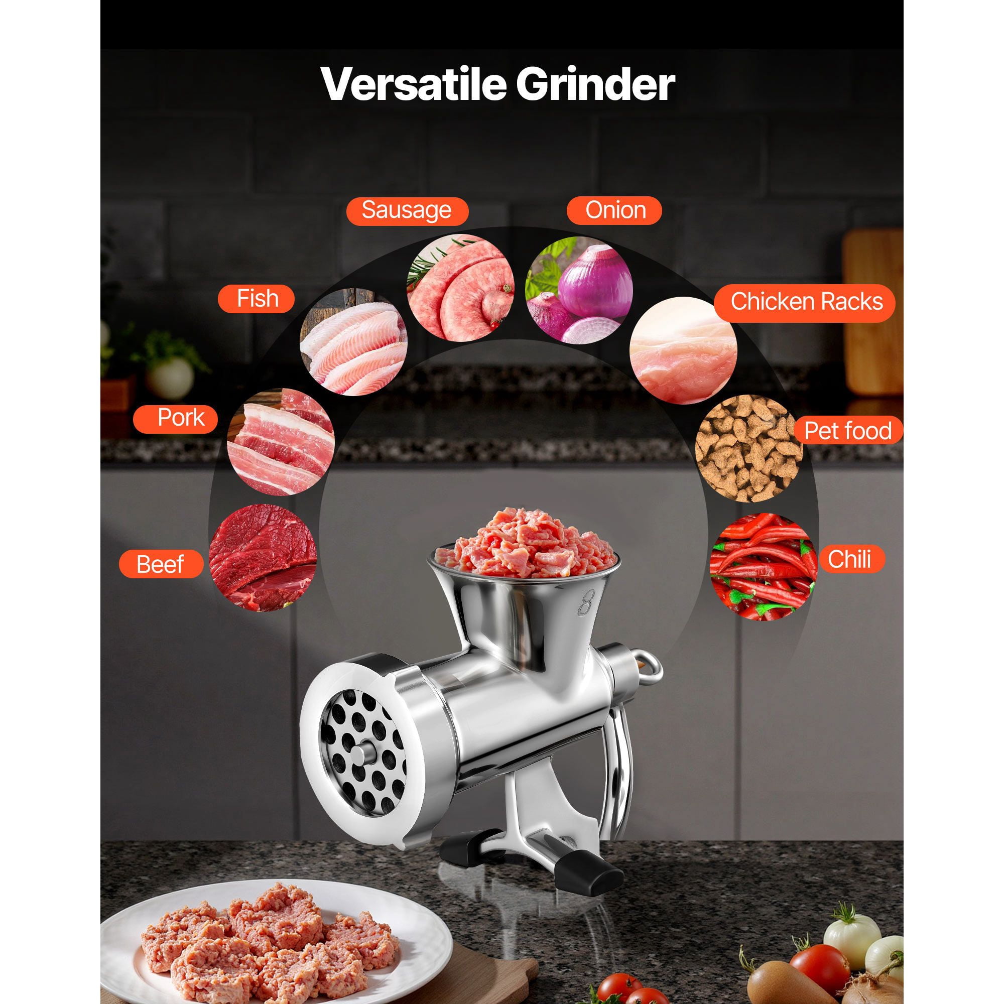 Manual Meat Grinder 304 Stainless Steel Table Clamp with Sausage Tubes for Kitchen Barbecue Camping