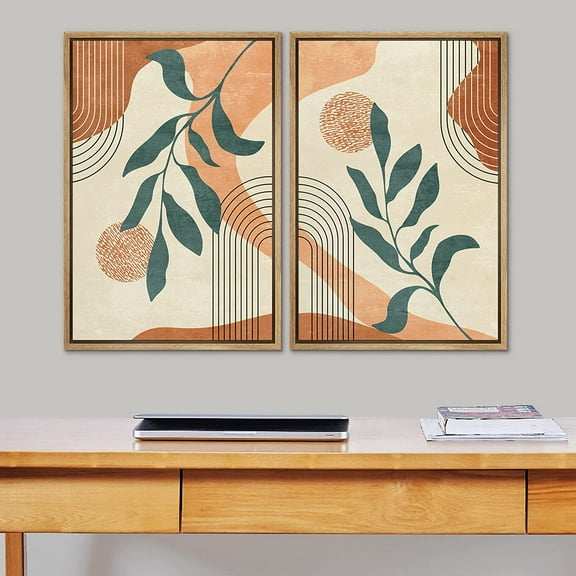 IDEA4WALL 2 Panels Framed Canvas Print Wall Art Set Mid-Century Leaf Branch Geometric Landscape Abstract Modern Art Boho Multicolor Chic Artwork Housewarming Decor - 16"x24"x2 Panels Natural