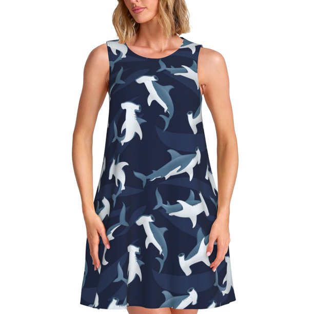 Fotbe Cute Shark Vestido de Verano sin Mangas para Mujer – Vestido Midi Línea A, Estilo Camiseta Floral, Vestido Playero Casual y Fluido