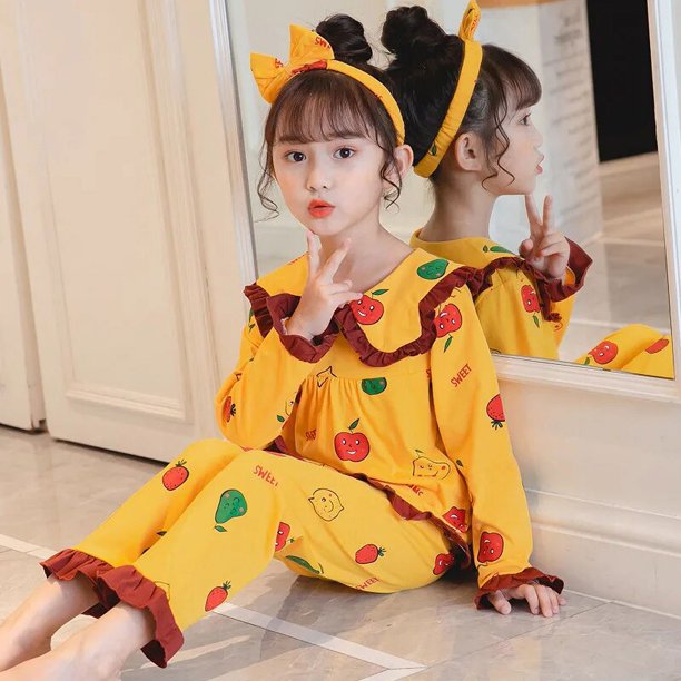 Conjuntos de pijamas informales para niñas, camisa de solapa de manga larga con estampado de dibujos animados, Tops con pantalones, ropa de dormir suelta para bebé, primavera y verano, novedad