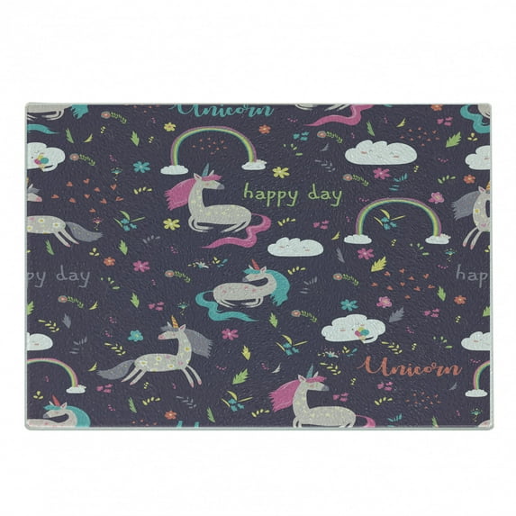 Colorful Cutting Board, Pastel Rainbow with Unicorns Dream Characters Tale Cartoon Illustration, Decorative Tempered Glass Cutting and Serving Board, Small Size, Multicolor, by Ambesonne