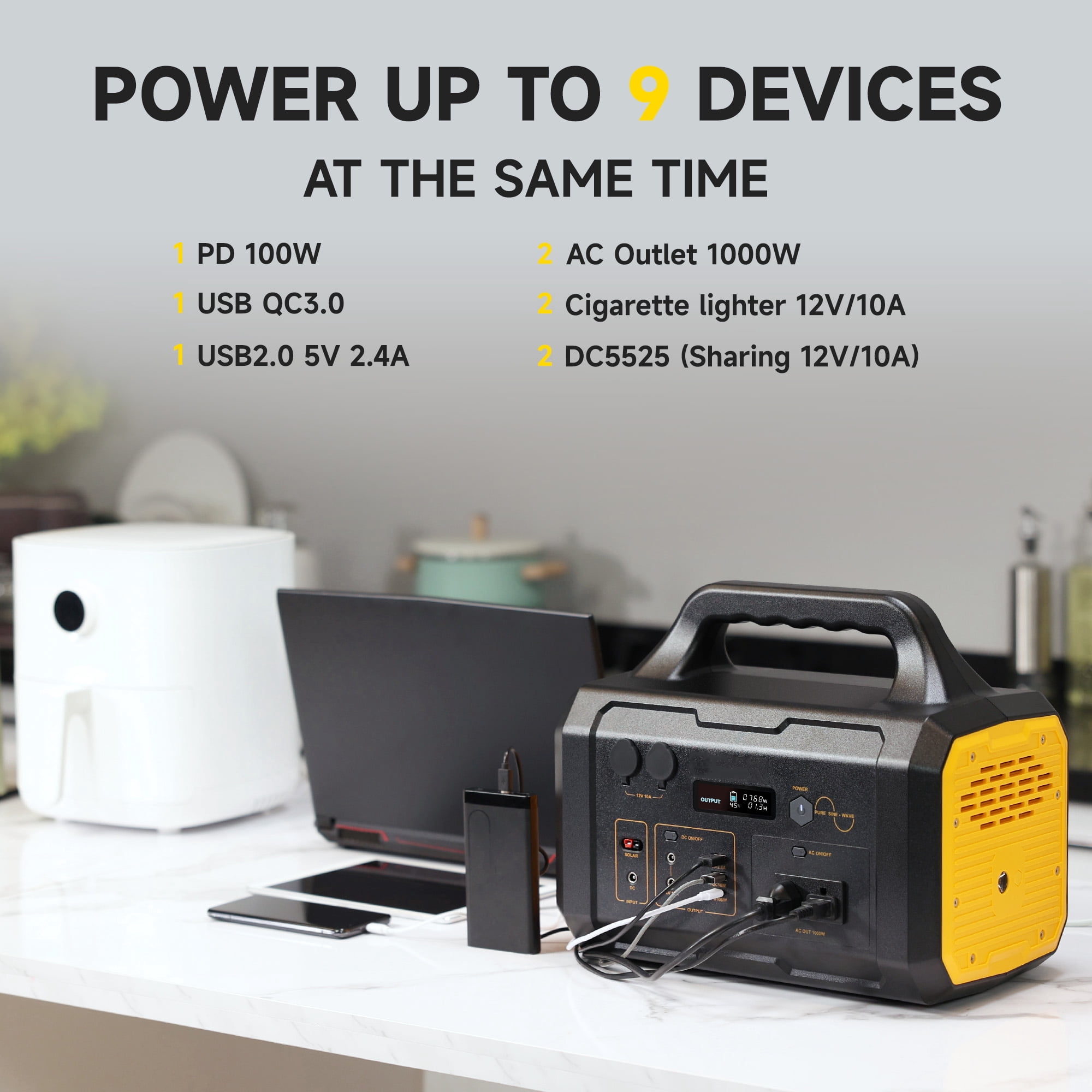 1000W Portable Solar Generator, 1024Wh LiFePO4 Battery Power Station with 120V AC Outlets, Backup Power Supply for Camping, Outdoor Travel, RV, and Home Emergency-Yellow