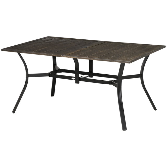59 Inch Outdoor Dining Table for 6, Steel Frame Patio Table with Wood Grain Top and Umbrella Hole, Rustic Brown Garden Table for Backyard, Terrace, and Outdoor Entertaining