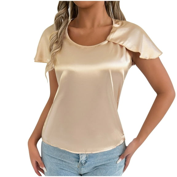Perfectbot Womens Silk Satin Blouse Round Neck Split Short Sleeves Tops Summer Dressy Blouse