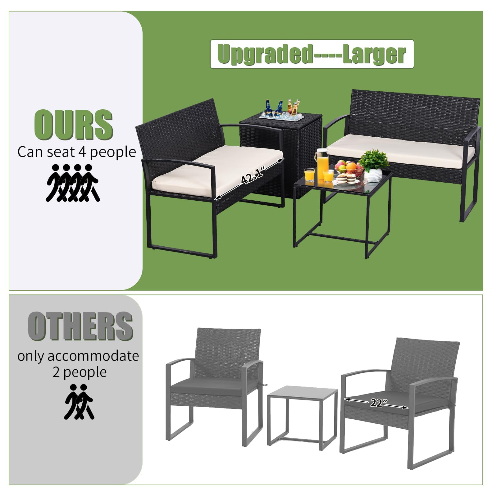 4 Piece Outdoor Patio Furniture Set,Wicker Conversation Sets Patio Sofa Couch with Built-in Beverage Cooler Storage Box & Coffee Table for Outside, Garden, Balcony, Porch,Black/Beige
