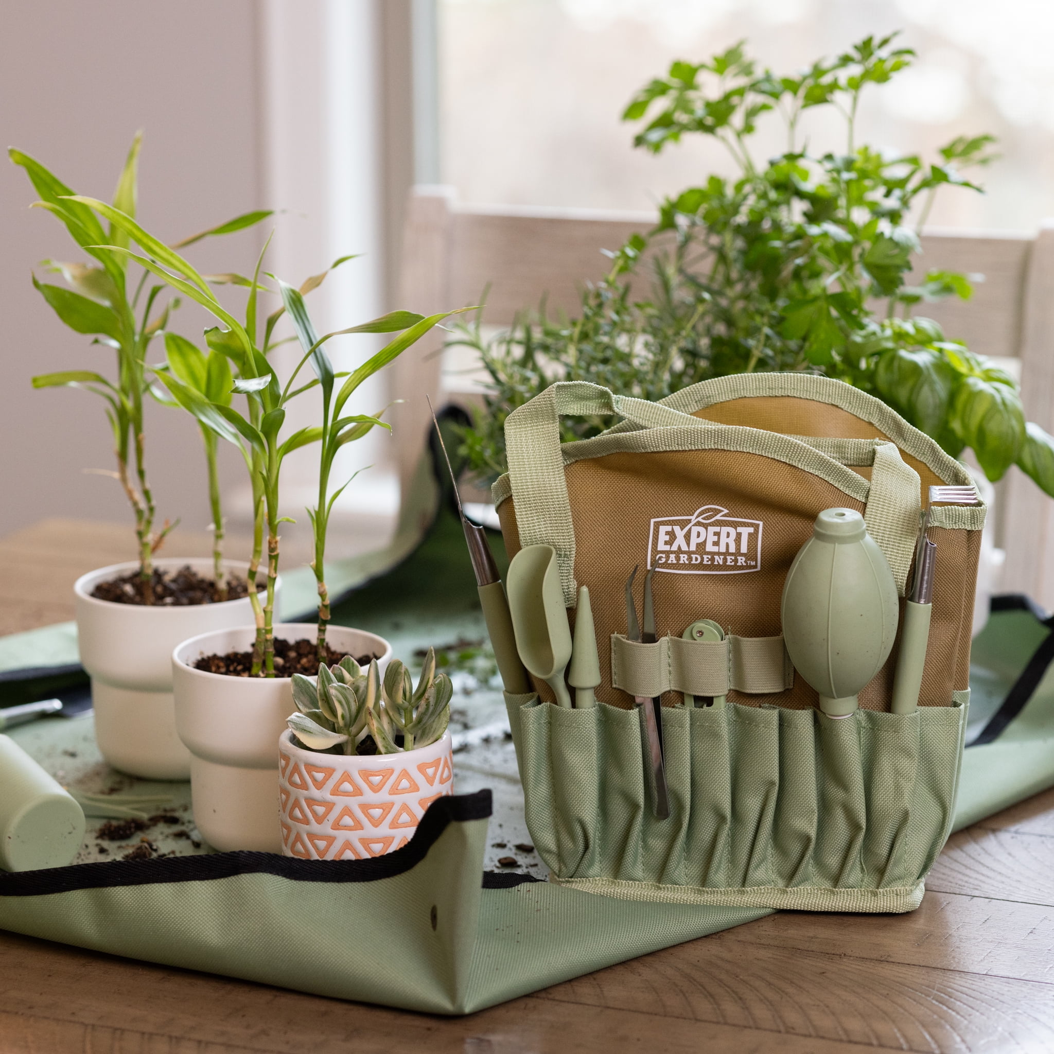Expert Gardener Indoor Stainless Steel Gardening Tool Set, 14 Pieces, Misty Mint