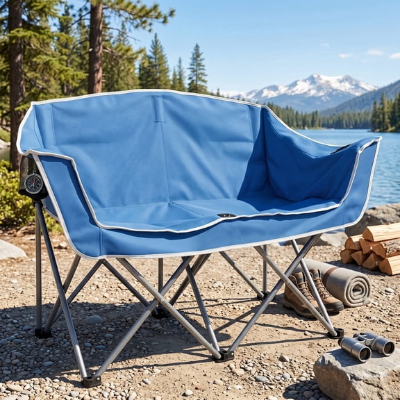 ELLEGNT Double Camping Chair with Cup Holders and Armrests – Heavy Duty Outdoor Lawn Chair, Includes Carry Bag, Blue