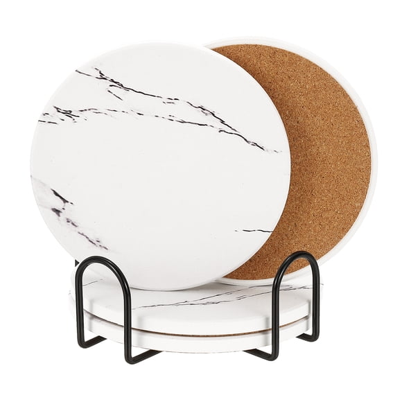Uxcell Ceramic Stone Coasters, 4pcs Cork Base Absorbent Cup Coasters Set Marble Coasters with Holder for Drinks in Kitchen Home, White