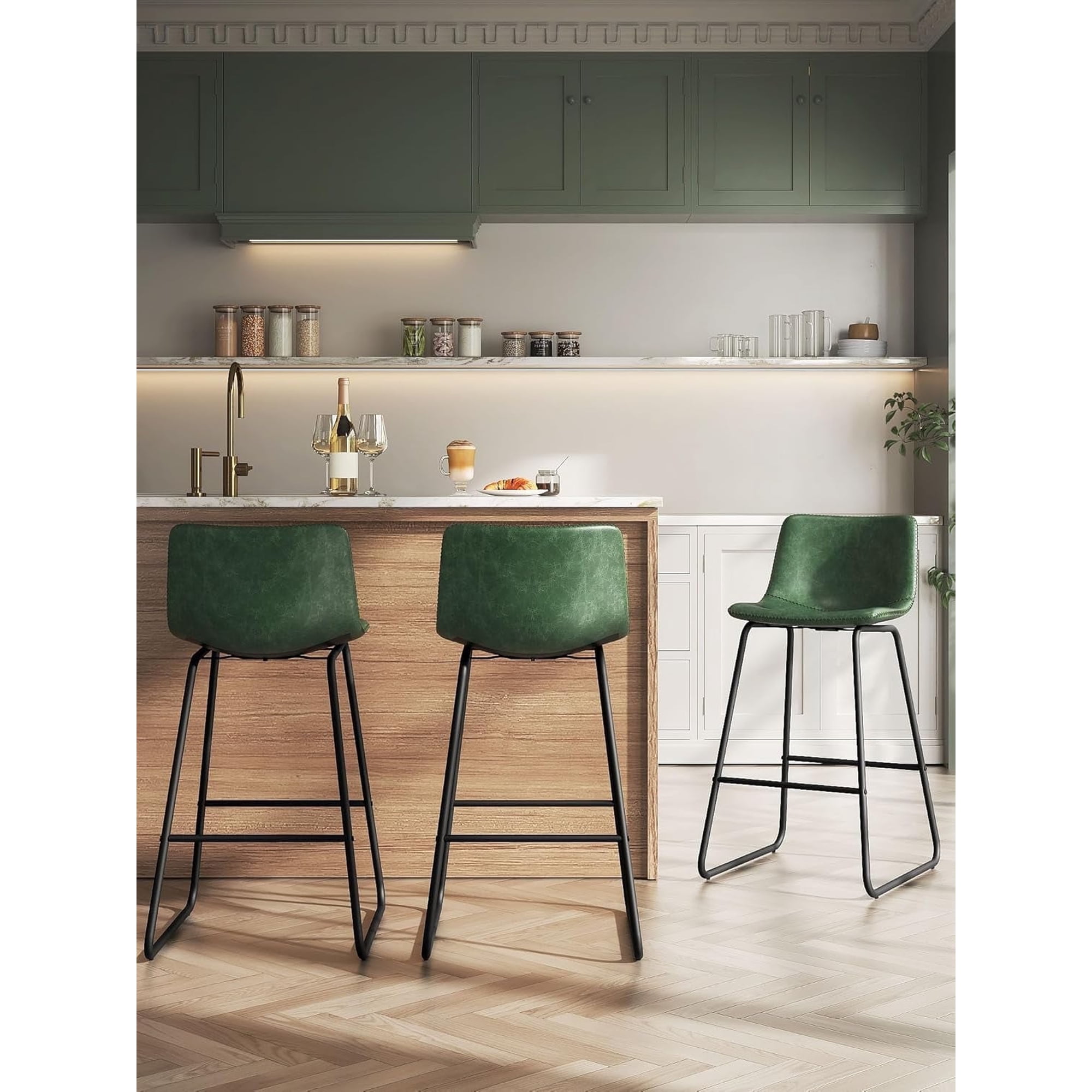 LainTene 26" Bar Stools Set of 3 – Faux Leather Counter Height Stools with Backrest & Footrest, Heavy-Duty Metal Frame for Kitchen, Bar, Living Room, Green