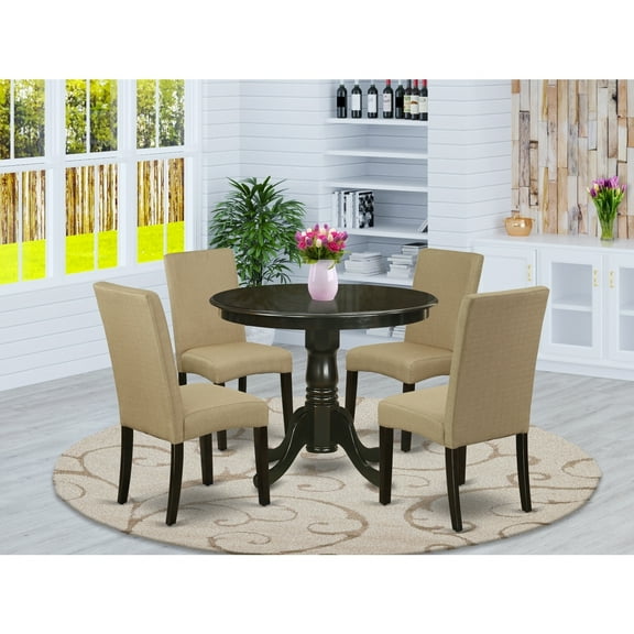 Round Dining Set 5 Piece - Southwestern Style Table & Chairs - Cappuccino Finish - Brown Linen Fabric