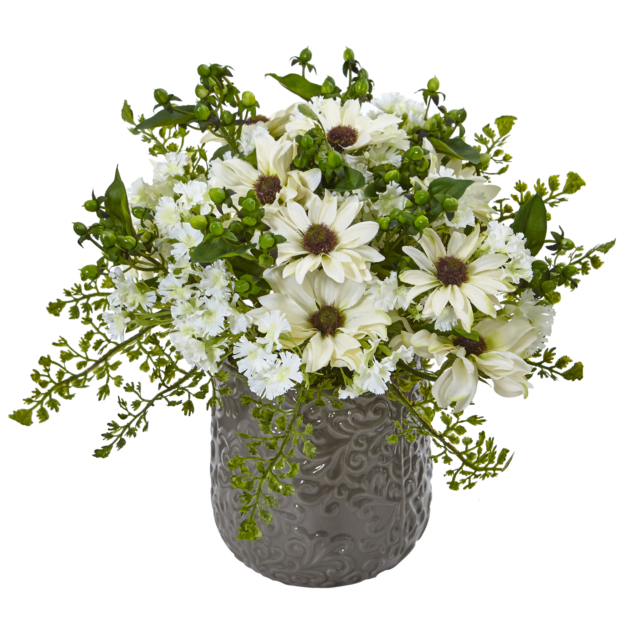 Nearly Natural Daisy Bush Silk Arrangement in Gray Decorative Vase