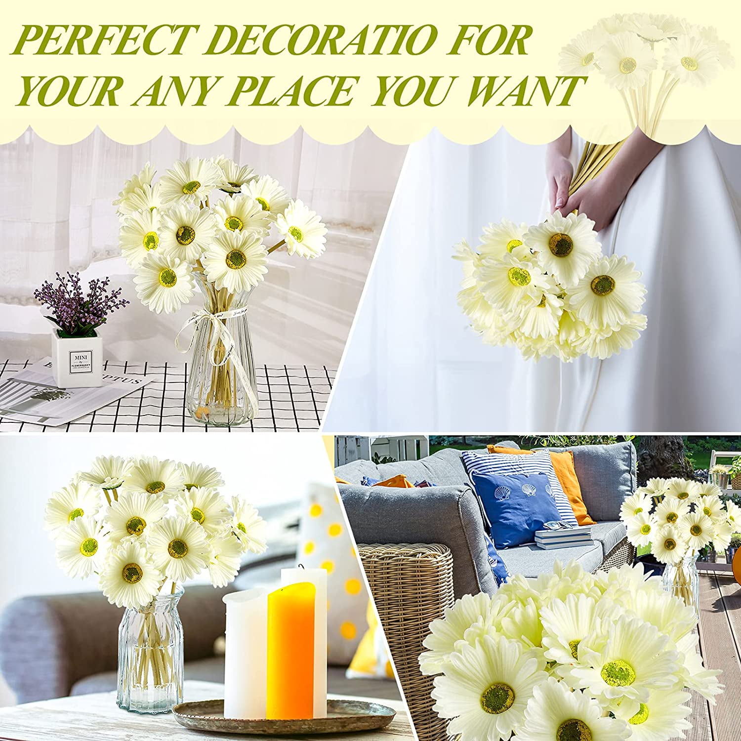 BigOtters Fake Daisy Fake Flowers, 14PCS Faux Gerbera Daisies African Silk  Daisy Flowers Artificial for Wedding Bridal Bouquet Party Home Kitchen