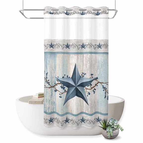 No Hook Shower Curtain, Texas Star Blue Shower Curtains for Bathroom with See Through Top Window, Farmhouse Country Branches Wooden Grain Waterproof & Washable Bath Curtain Narrow 54"x78"