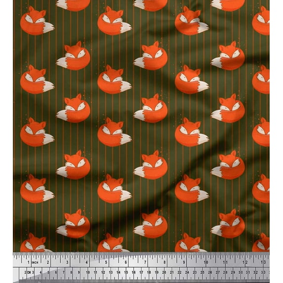 Soimoi Green Cotton Poplin Fabric Fox Stripe Print Fabric by the Yard 42 Inch Wide