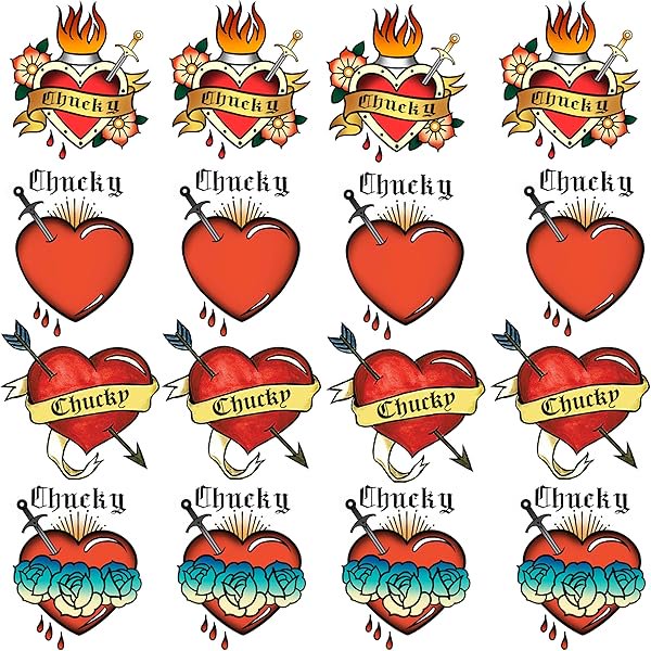 wonima02 16 PCS Bride of Chucky Tattoo Heart, Halloween Temporary Tattoos Stickers For Women Men, Fake Halloween Makeup Kit Party Favor Supplies Chucky Heart Tattoos Costume Accessories