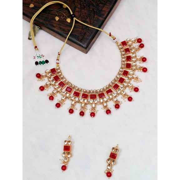 Traditional Gold-Plated Red Beads Jewellery Set With Earrings RAS