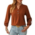 thumbnail image 2 of ClodeEU Women V Neck Henley Long Sleeve Pleated Blouse,Casual Loose Solid Tunic Top Wine,Women's Plus M, 2 of 5