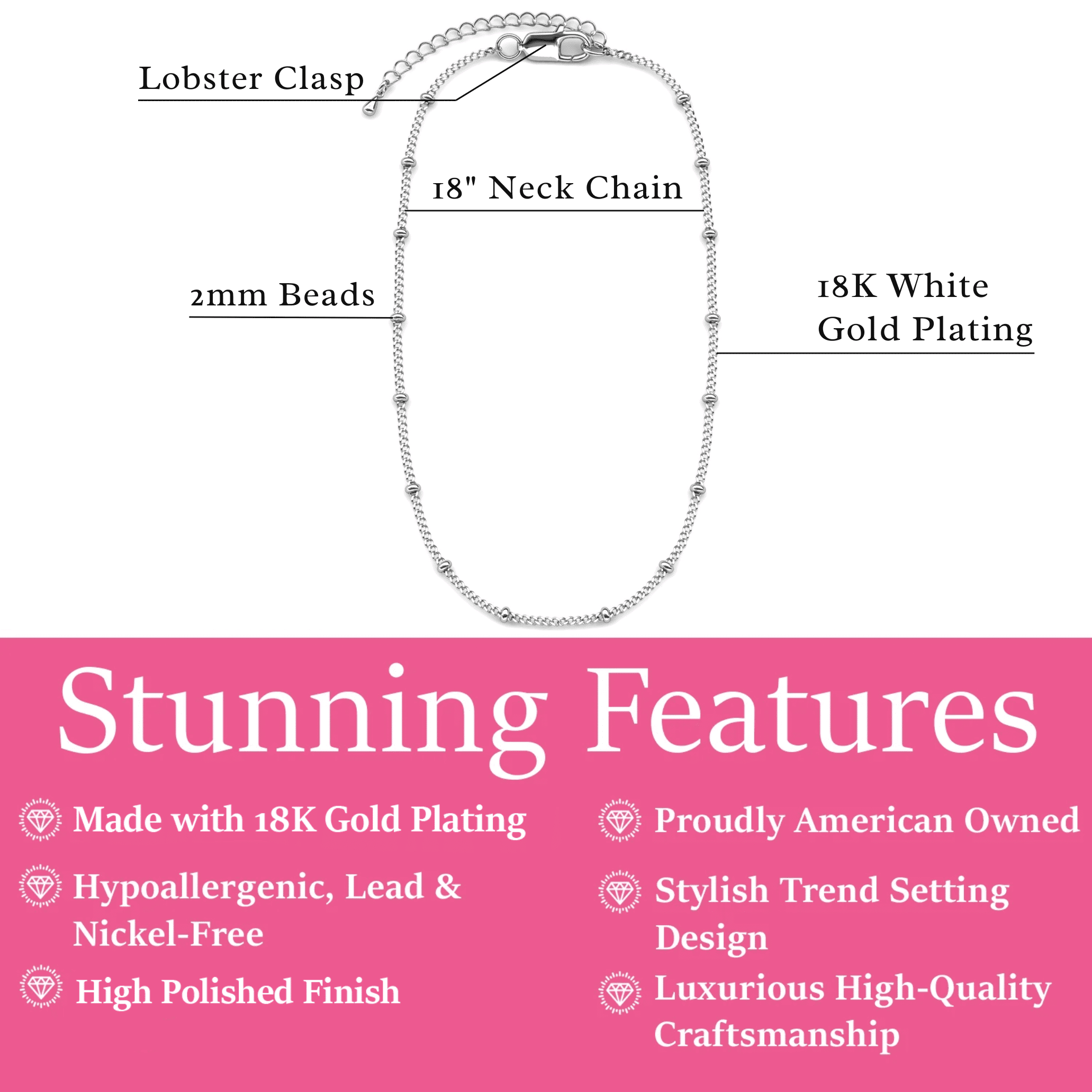Cate & Chloe Pria 18k White Gold Plated Bead Station Chain Necklace, Gift for Women