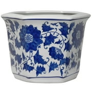 Oriental Furniture 10" Floral Blue & White Porcelain Flower Pot