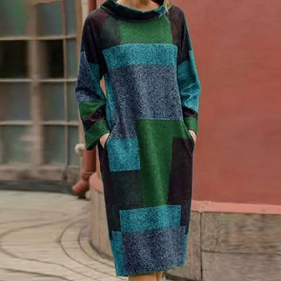 Zpanxa Fall and Winter Dresses for Women Women Fashion Retro Printed Loose Mid-length Long Sleeve Dress Crewneck Oversized Loose Long Pullover Sweater Dress