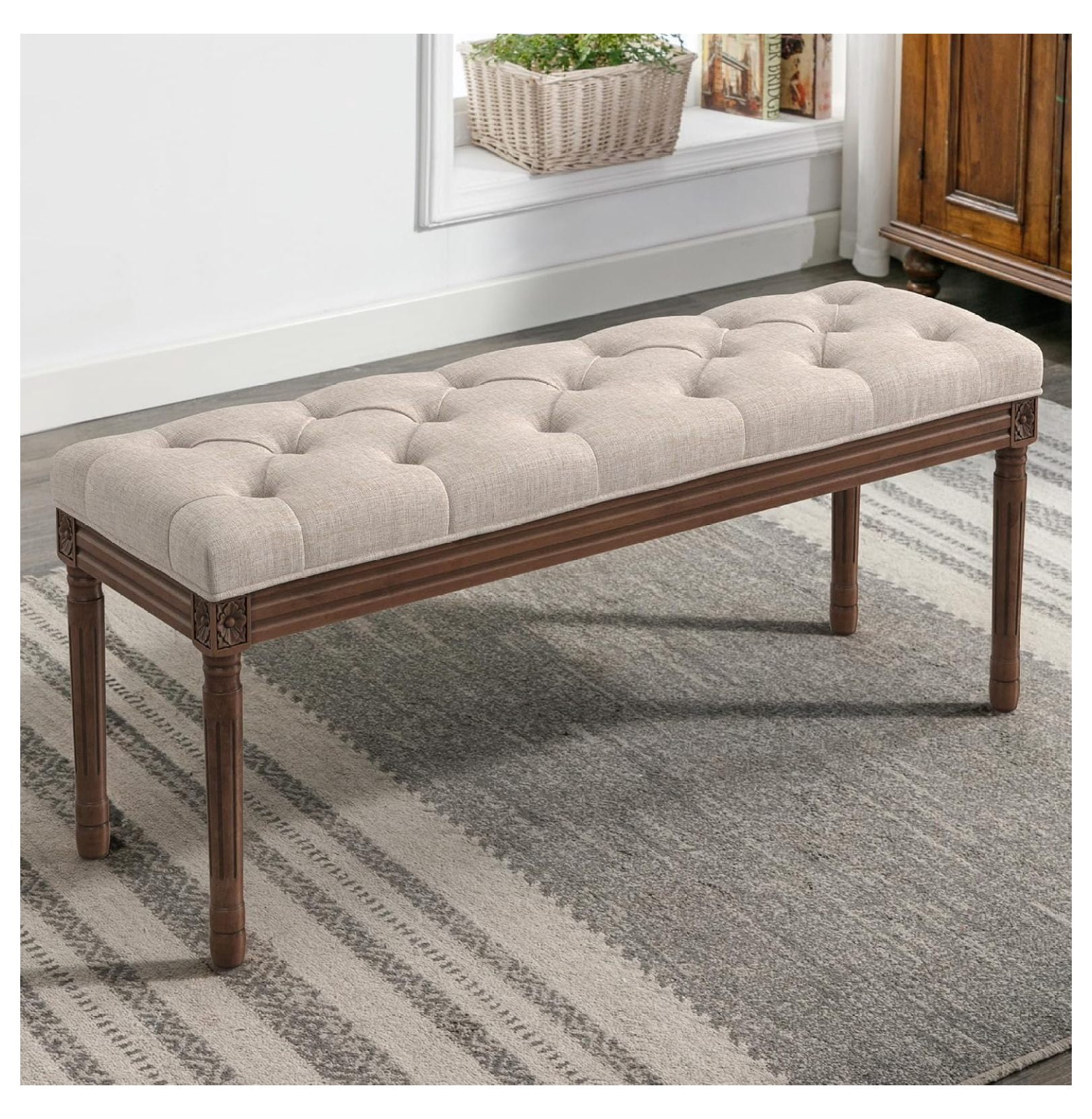 44" Bedroom , Fabric End of Bed , Upholstered French Tufted Ottoman with Carved Dark Brown Wood Legs for Bedroom End of Bed, Living Room, Linen