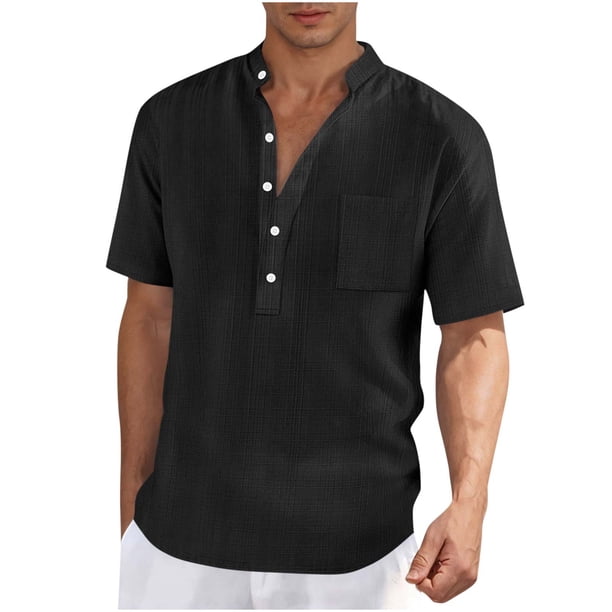 Mens Casual Manga Corta Botón Abajo Camisas Sueltas Ventilar Bolsillos Soporte Collar Superior, Poliéster