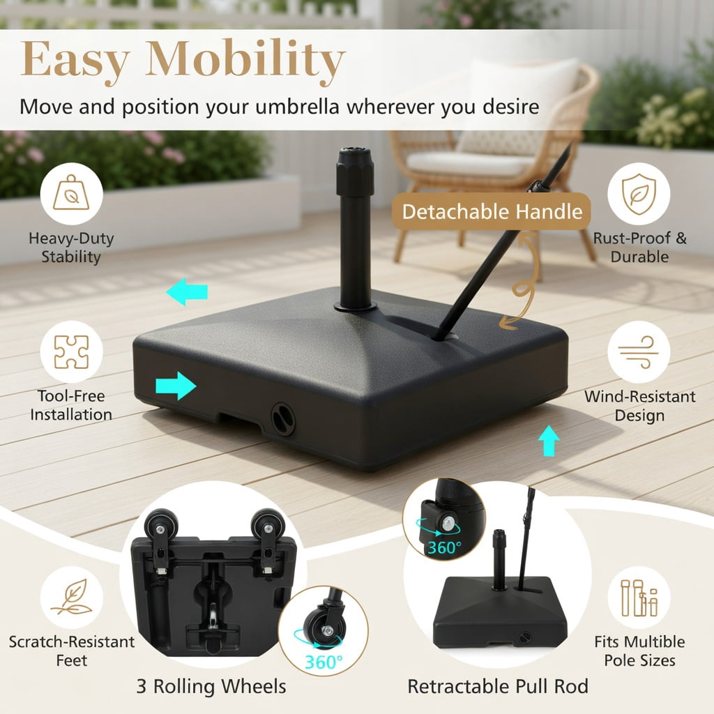 Resenkos Umbrella Base for Patio, Umbrella Stand Outdoor Base,Mobile Patio Umbrella Base Water Sand Fillable Market Table Umbrella Stand with 3 Wheels-Black