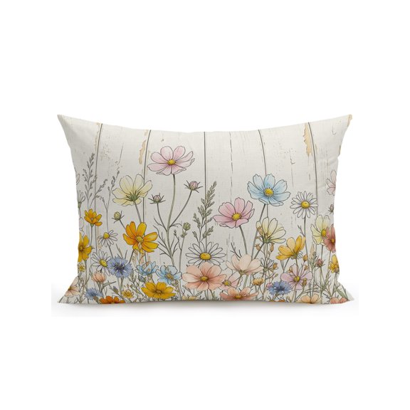Outdoor Pillows Waterproof, Wildflowers Bedding Throw Pillows with Insert for Couch Sofa Bed, Farmhouse Country Vintage Floral Wood Grain 12x20 Inch Pillowcases Decorative Patio Pillow Set of 1