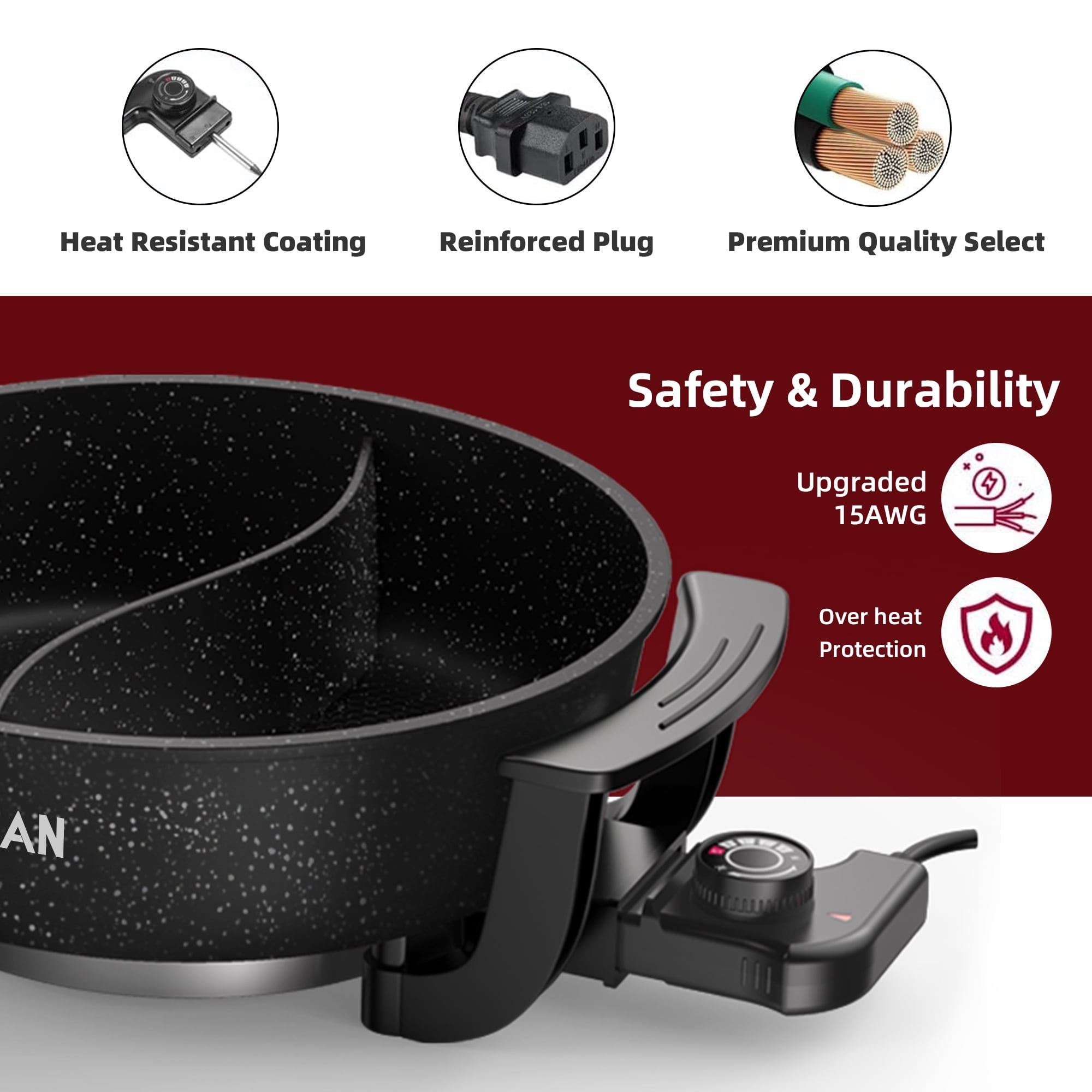 AORAN Electric Hot Pot, 6L Electric Skillet, Non-Stick Smokeless Cooking Pot with Divider Fondue, Shabu-Shabu with Tempered Glass lid for 2-6 People