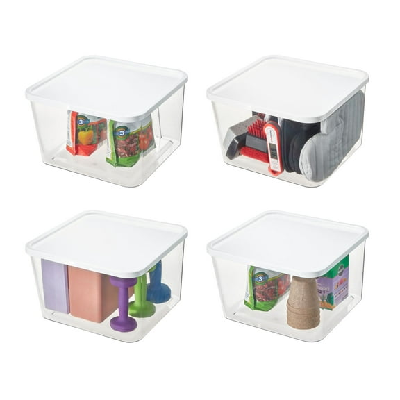 iDesign Storage Bins with Lids & Wall Mount Brackets, Set of 4, The Wallspace Collection – 12" x 12" x 8", Clear Bin