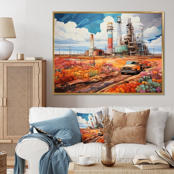 Designart "Rig Resonance Orange Oil Rigs in Action I" Oil Rigs / Fields Floater Framed Wall Art Living Room