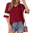 thumbnail image 2 of Camiseta con cuello en V y abertura lateral, puños de encaje sueltos, media manga, Top informal de moda para mujer, 2 of 7